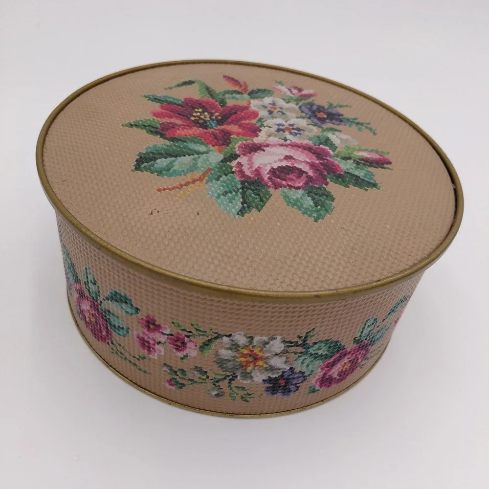 Vtg 80s Guildcraft Round Tin Cover Embossed Needlepoint Look Floral Cottage‎ USA